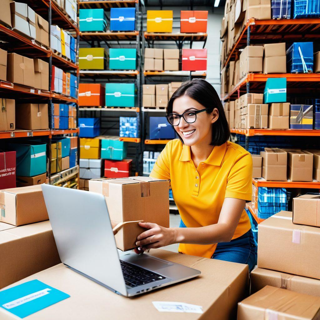 A visually engaging collage showcasing the journey of an online order from purchase to delivery. Elements include a shopper browsing an e-commerce site, a warehouse filled with organized packages, a tracking map illustrating delivery routes, and a delivery person handing over a package to a happy customer. The background features icons of shopping carts and clocks to symbolize time efficiency. vibrant colors. super-realistic. white background.