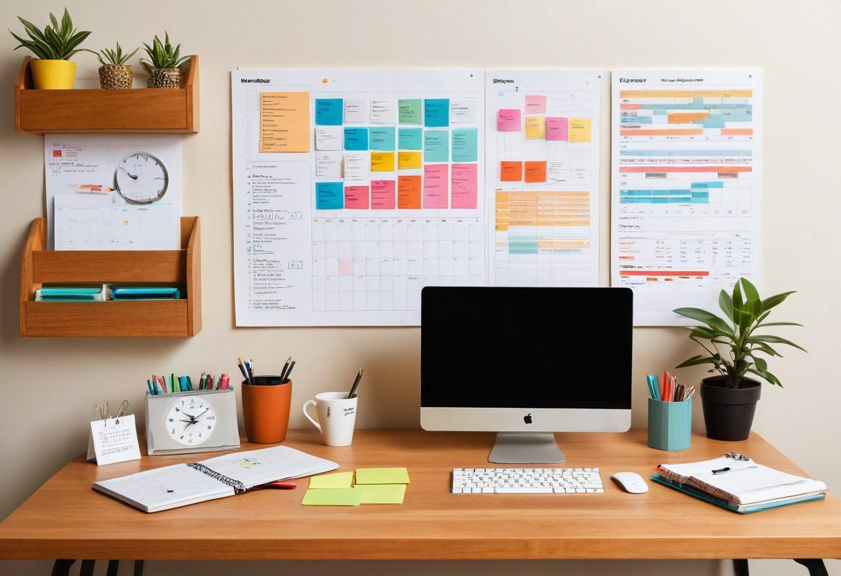 A visually engaging workspace featuring a sleek desk with a laptop displaying a colorful order management dashboard, surrounded by post-it notes, coffee mugs, and a stylish planner. Include a clock showing efficiency, a flowchart illustrating streamlined processes, and a subtle background of shelves with organizational supplies. The ambiance should convey productivity and mastery in managing orders. super-realistic. vibrant colors. light and airy mood.